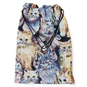 Vintage Cat Cottagecore Drawstring Bag – Tapestry EUC 🐱🌸✨